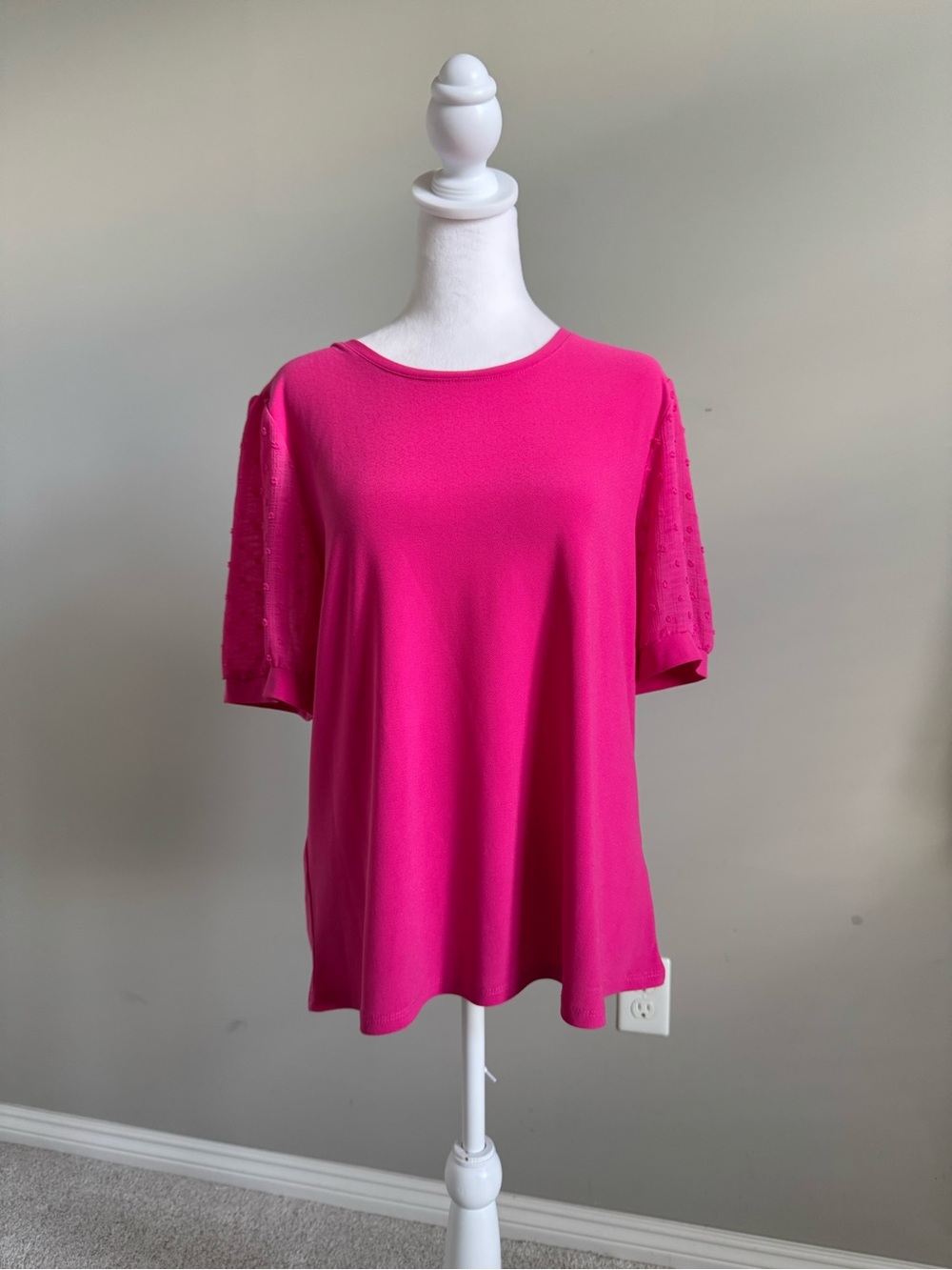 CeCe Bright Fuchsia Pink Top with Polka Dot Semi-Sheer Sleeves
